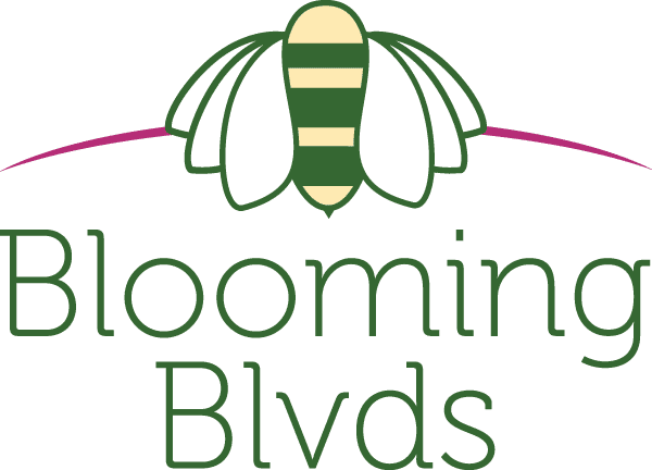 logo that looks like a combination flower and bumble bee with text reading blooming boulevards