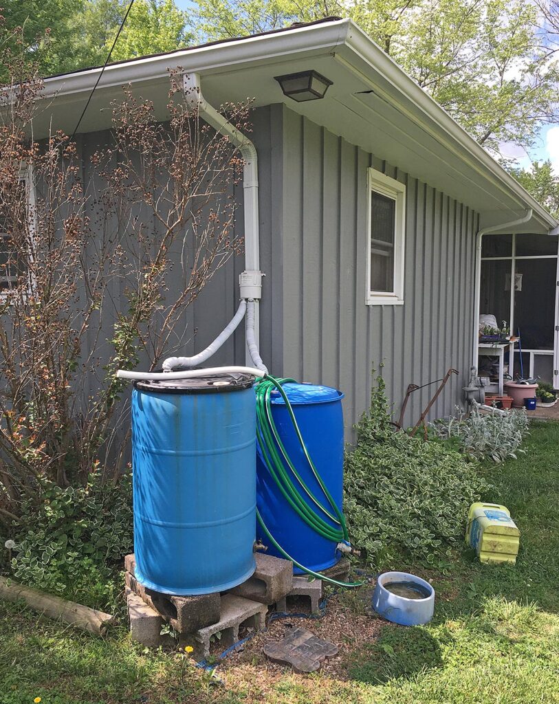 two blue rain barrels collecting runoff from the roof of a house